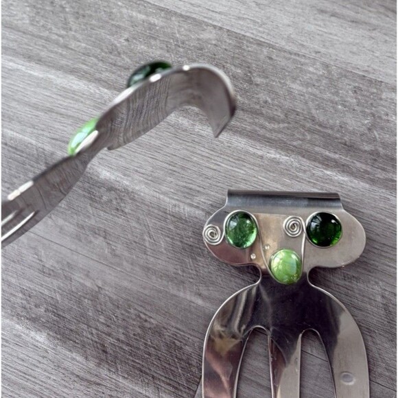 Stainless Steel Salad Servers Claws Green Holiday Embellished - Picture 4 of 5